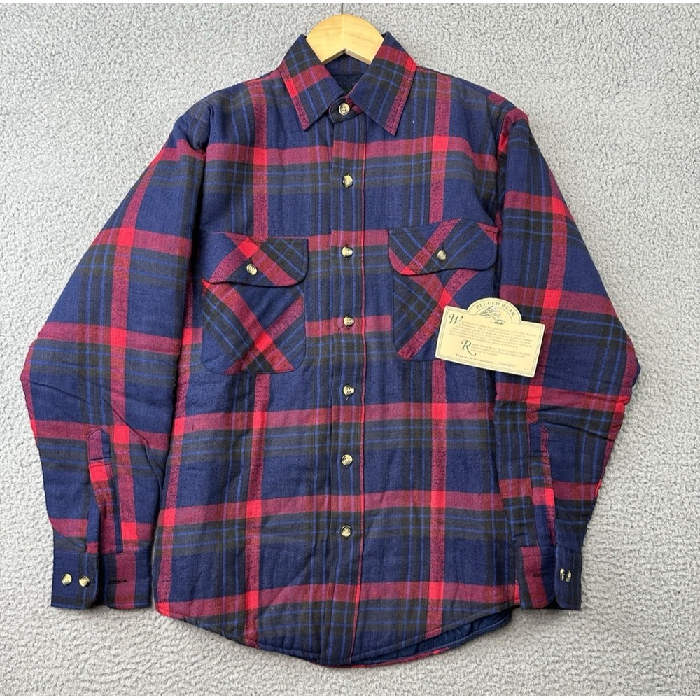 VTG St Johns Bay Rugged Wear Flannel Shirt Mens Small Red Blue Plaid Lined NWT